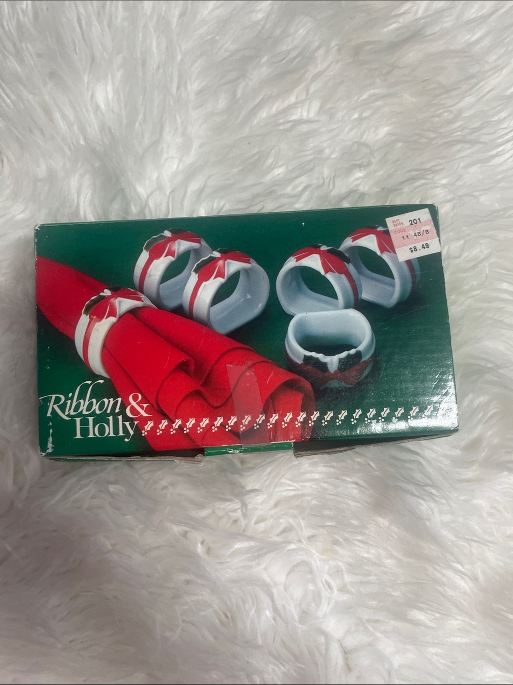 Vintage Ribbon & Holly Ceramic Napkin Rings - Red and White Holiday Set